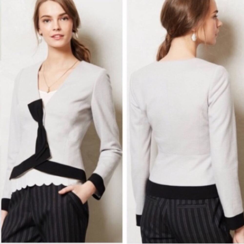 ANTHROPOLOGIE ELEVENSES Gray Black Colorblock Bow Front Blazer Jacket Women’s